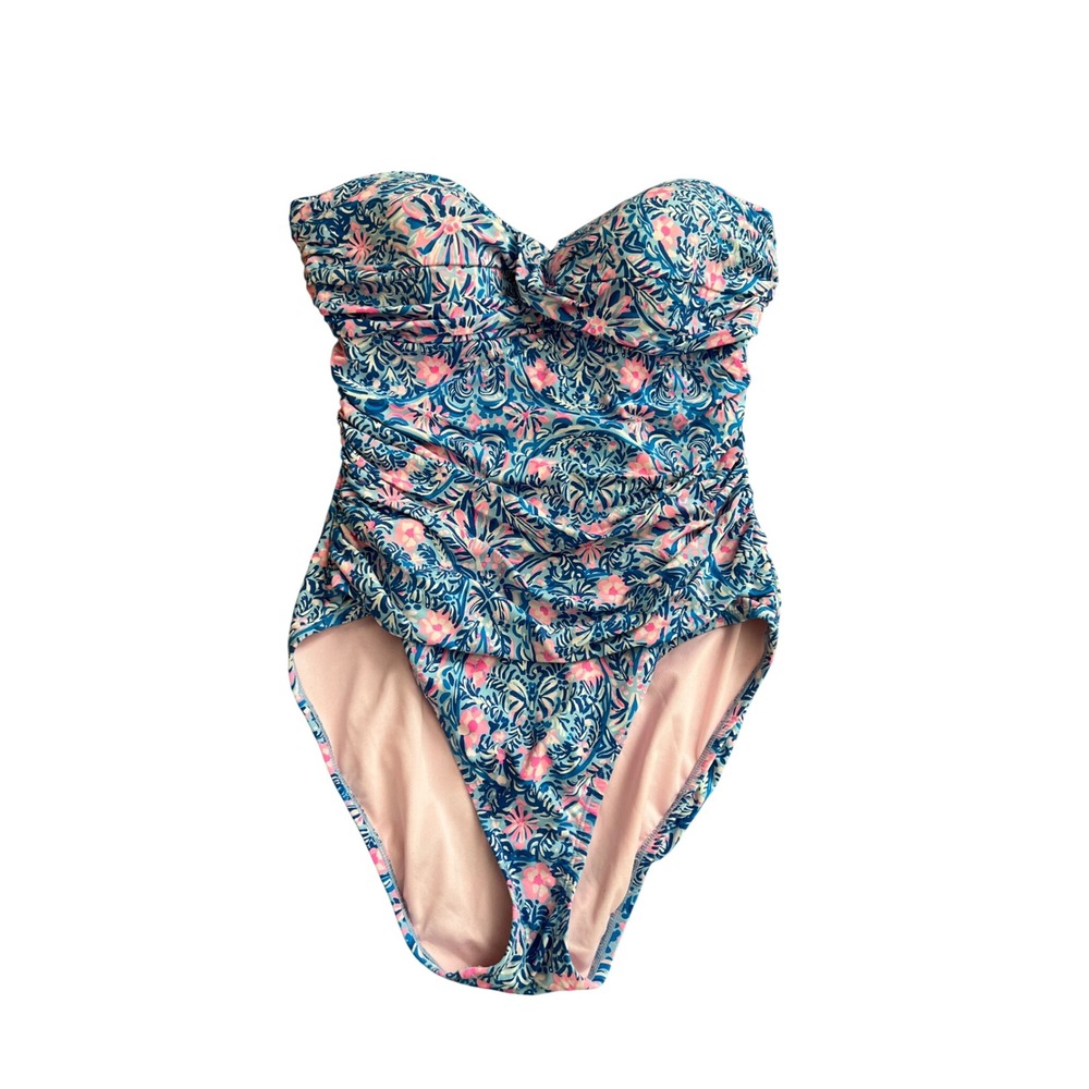 Lilly Pulitzer Floral Bandeau One Piece Swimsuit Blue Pink Ruched 12